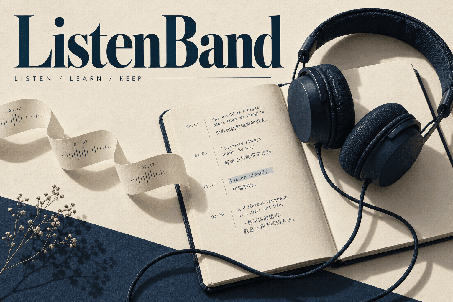 ListenBand 奶油白与深墨蓝杂志封面：耳机、双语听力稿与时间码纸带